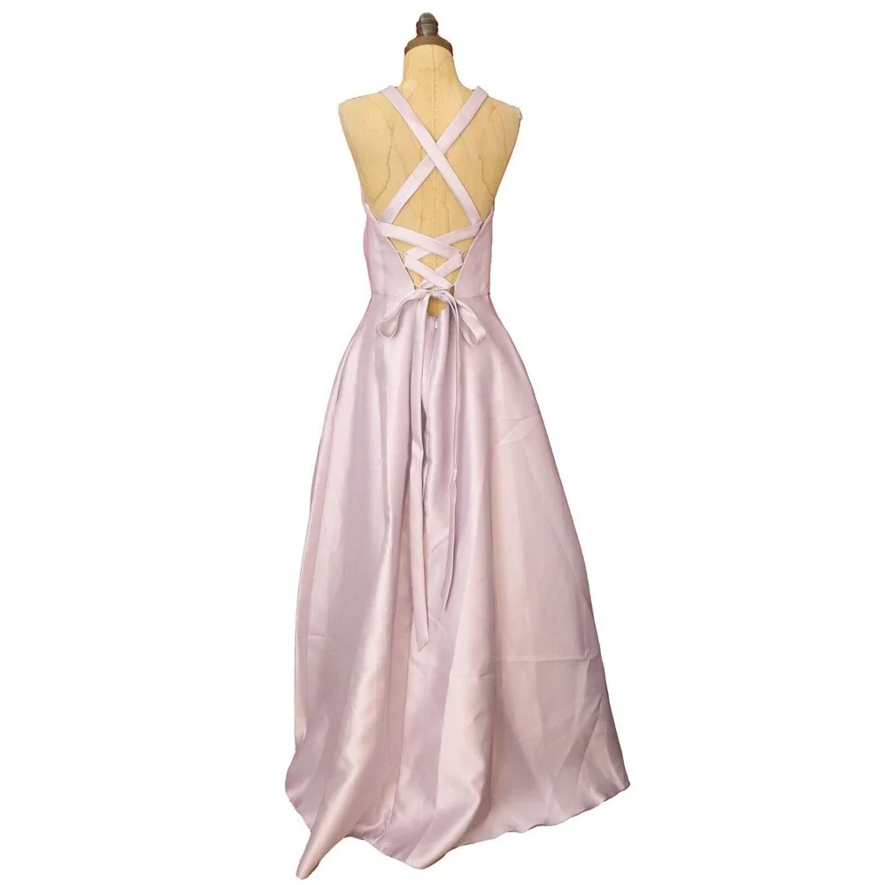 Alfred Sung Twill Strappy Criss Cross Back Gown 12 Twill Moondance Dress NWT B75 - Picture 4 of 6